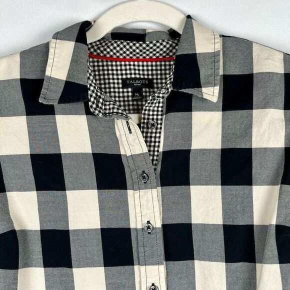 Talbots Petites Black White Buffalo Plaid Button Up MP - Picture 2 of 10